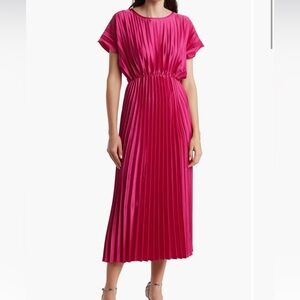 Nordstrom Lush Cap Sleeve Satin Midi Pleated Dress Bright Fuchsia XS
